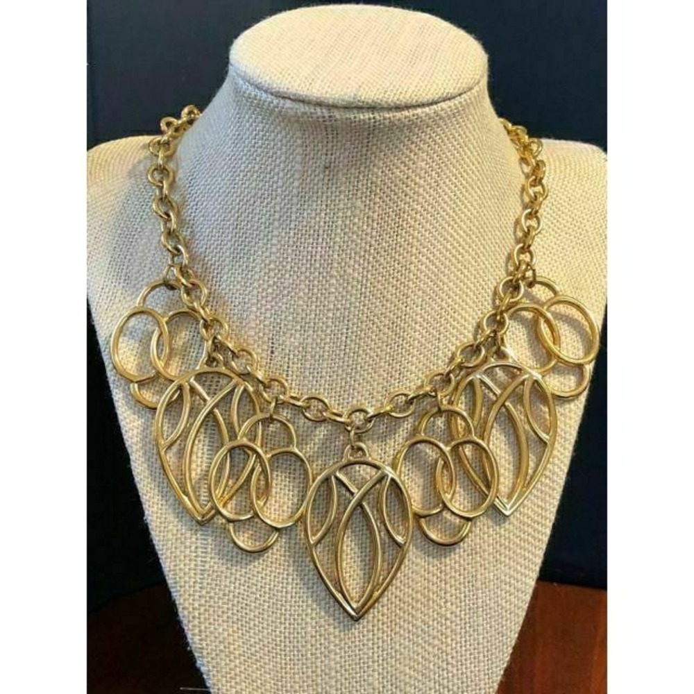 Monet Gold Tone Statement Necklace Bib Openwork Teardrop Circle Charms 24 Inch